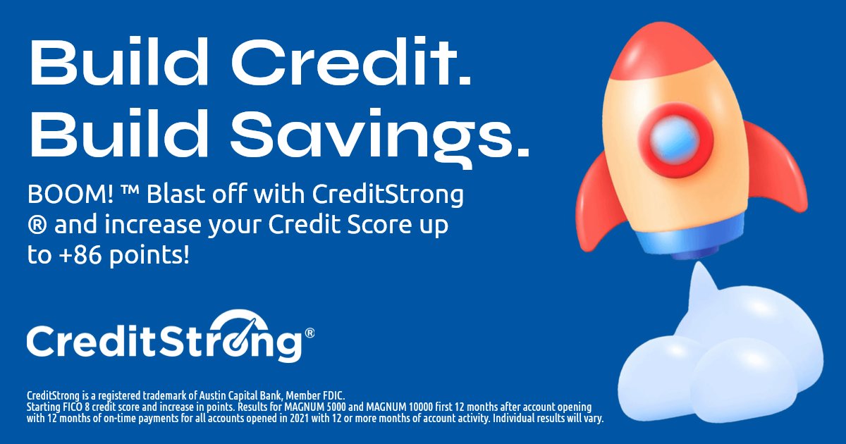 credit_strong's tweet photo. Build credit and watch your savings grow! With CreditStrong, you can boost your credit score by up to 86 points. https://t.co/thErBD38af #CreditStrong #CreditBuilding #FinancialWellness #SavingsGoals https://t.co/x1tD7PBaJf