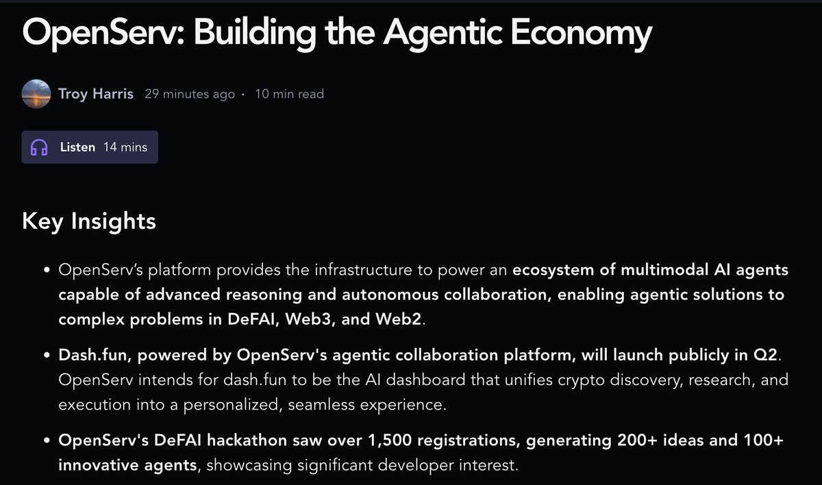 MessariCrypto's tweet image. OpenServ's platform powers multimodal AI agents for advanced reasoning and collaboration, solving complex problems in DeFAI, Web3, and Web2.

Devs are interested, with 1,500 registrants in its DeFAI hackathon.

Read the full report: messari.co/3Yaco4C