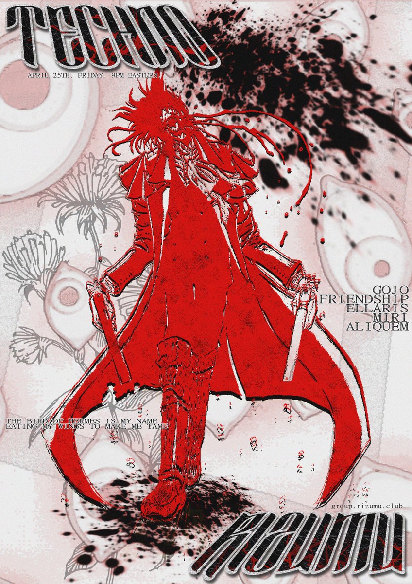 TECHNO NIGHT returns to Rizumu this Friday!

EDT Lineup:  

9PM GOJO | 10PM FRIENDSHIP | 11PM ELLARIS | 12AM MIRI | 1AM ALIQUEM  

#Rizumu #TechnoNight #VRChat 

Group - group.rizumu.club 
More Event Info - vrc.tl/event/11692 

Poster and Planning: Gojo