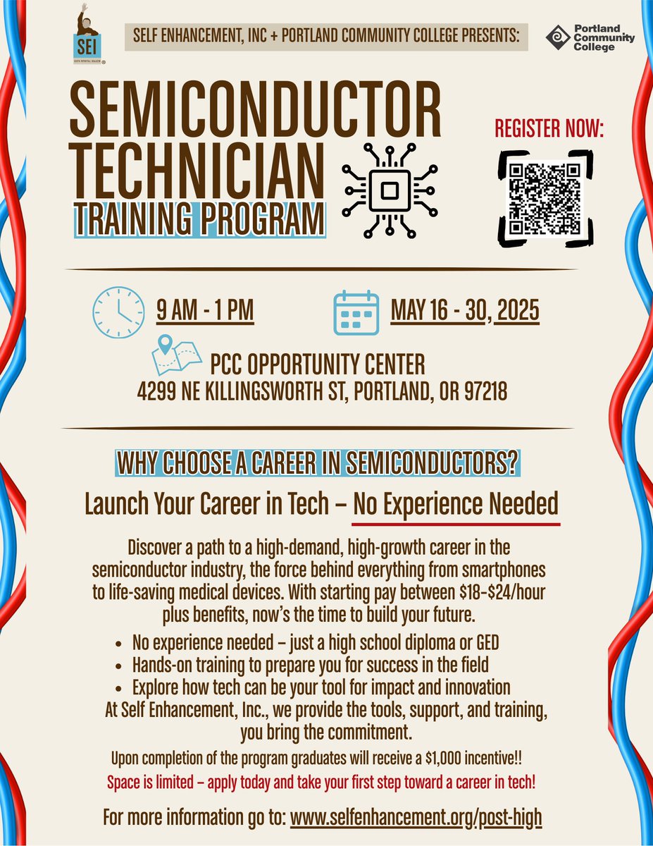 🖲️📡💾SEI Presents: Semiconductor Technician Training Program

📋Apply today! Space is limited!

🚨APPLICATION CLOSES: APRIL 30, 2025!

💻For more information, go to selfenhancement.org/post-high