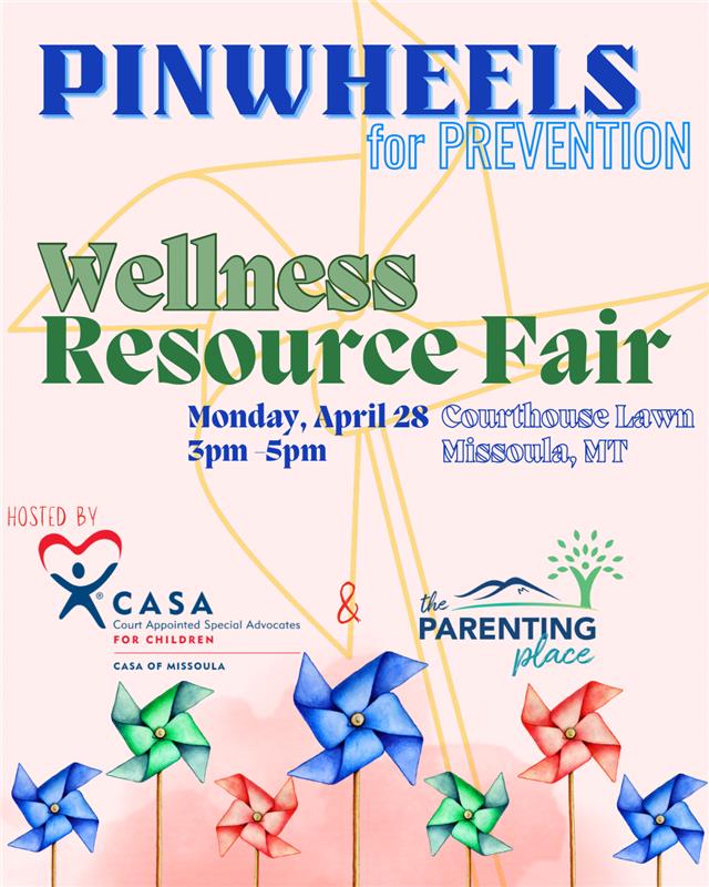 Find Missoula Public Health and Healthy Start Missoula at the Pinwheels for Prevention Wellness Resource Fair with CASA of Missoula and The Parenting Place.

Monday, April 28 on the Missoula Courthouse lawn from 3-5pm.

#PinwheelsForPrevention #ChildAbusePrevention #PublicHealth