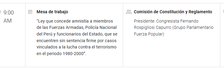 cviguria's tweet photo. Mientras tanto en el Congreso, se realiza una mesa técnica en la que se debate una ley para dar amnistía a miembros de la Policía, fuerzas armadas y funcionarios del Estado sin sentencia firme por casos vinculados a lucha contra el terrorismo. La organiza la comisión de Constitución a cargo de Rospigliosi (Fuerza Popular). 

Fuentes me indican que representantes del Poder Judicial y Fiscalía se oponen a propuesta, mientras que el Ministerio de justicia señala estar "a favor" pero propone dar otras medidas pues se "debe acabar con la persecusión indefinida". Los demás participantes son policías y militares. 

Desde la Defensoría del pueblo "saludaron la iniciativa".