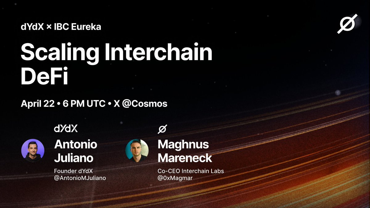 In just 2 hours, <a href="/0xMagmar/">magmar 🇺🇸</a> will be sitting down with <a href="/AntonioMJuliano/">Antonio</a> from <a href="/dYdX/">dYdX</a> to unpack:

→ How dYdX scaled execution
→ What IBC Eureka unlocks for liquidity
→ What’s next for modular DeFi infra

Set your reminder ⤵️