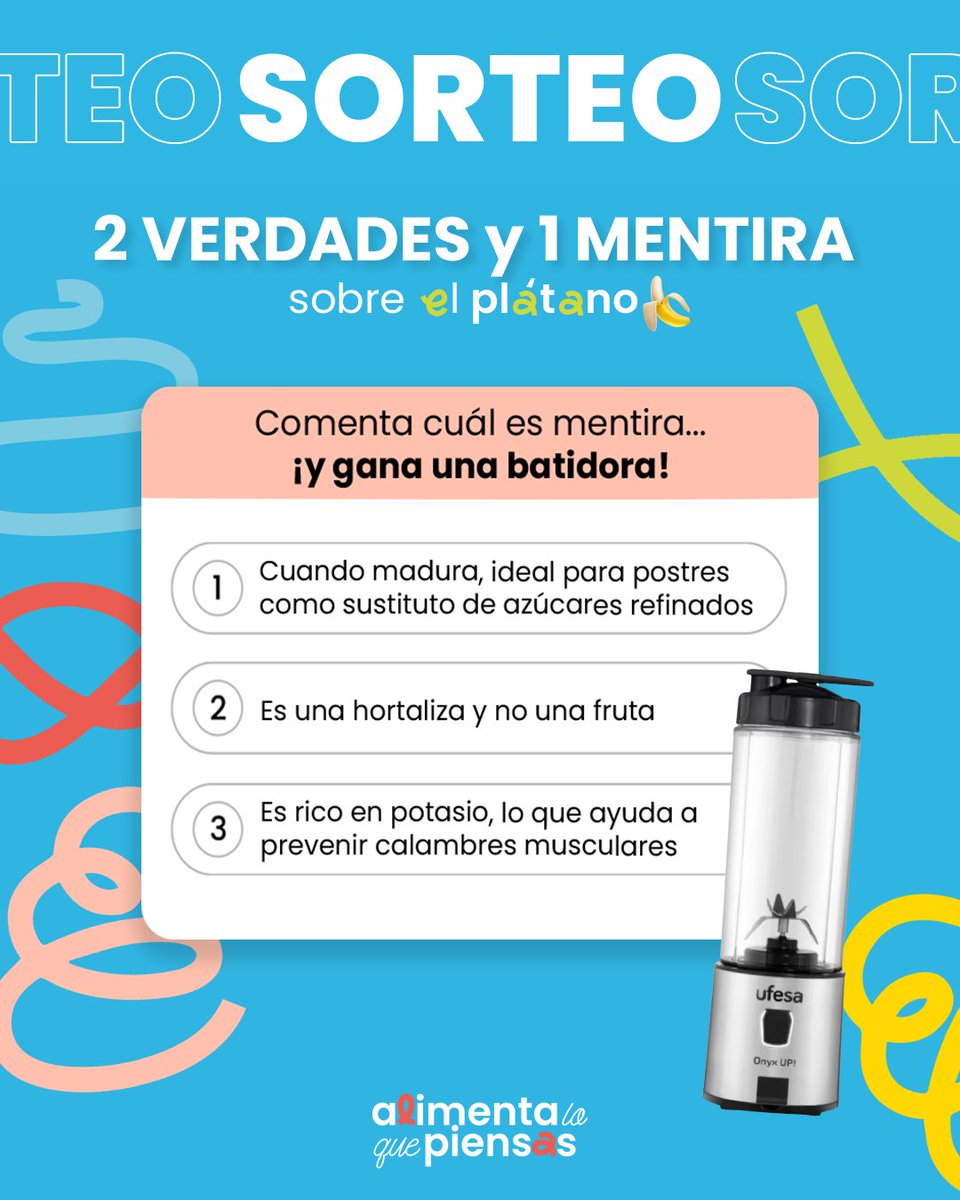 ✨ ¡SORTEO! ✨

¿Eres fan del plátano? 🍌

🎁 Podrás ganar una batidora.

¿Cómo participar?
✅ Síguenos
👯 Menciona a un amigo/a
💬 Comenta el número de la respuesta incorrecta

Tienes hasta el 27/04 para participar ✨ ¡Mucha suerte! 🍀

BBLL aquí 👉🏻 eros.ki/xlpv