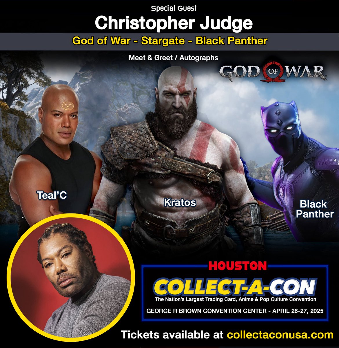 Collect_A_Con's tweet image. Meet @iamchrisjudge this weekend in Houston! 

COLLECT-A-CON HOUSTON
THE NATION’S LARGEST TRADING CARD, ANIME &amp;amp; POP CULTURE CONVENTION
April 26-27 at the George R. Brown Convention Center
#anime #houston #pokemon #godofwar #kratos