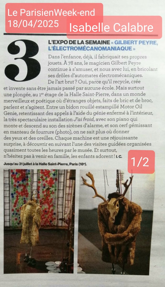 Enthousiasmant et bel article d'Isabelle Calabre sur l'exposition de <a href="/gilbertpeyre19/">Gilbert Peyre</a> à la #hallesaintpierre dans <a href="/leparisienwe/">Le Parisien Week-End</a> du 18/04/2025  <a href="/le_Parisien/">Le Parisien</a>
<a href="/HeymannAssocies/">Heymann Associés</a>