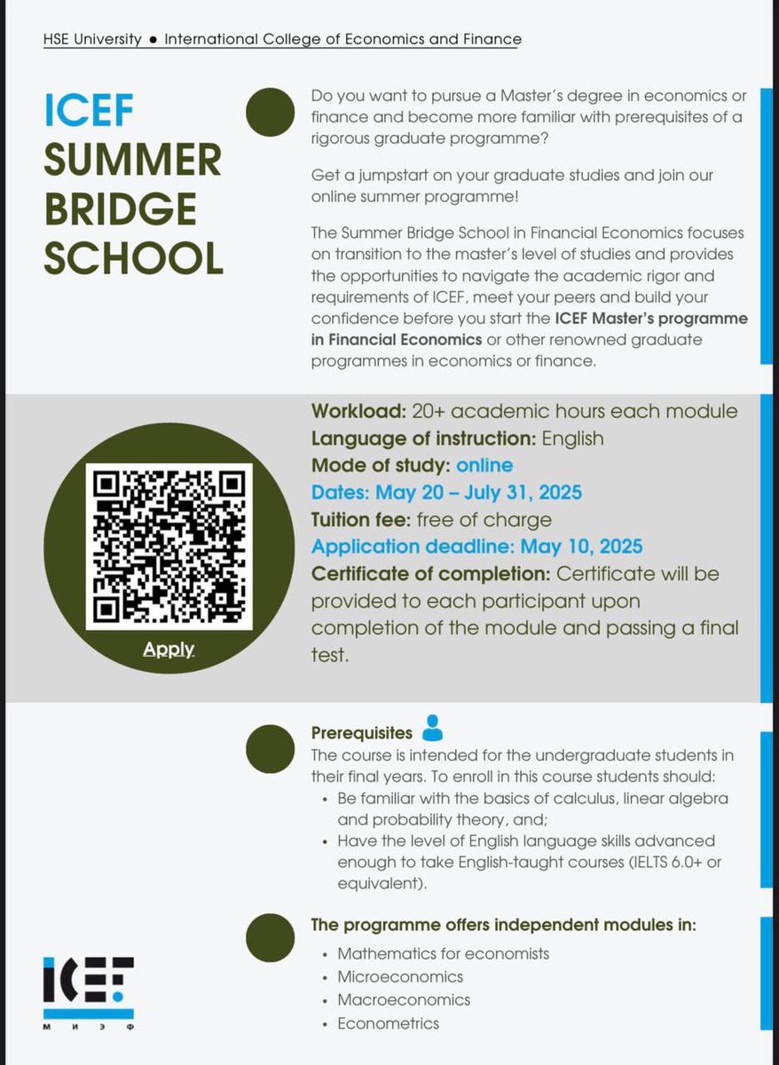 HSE SUMMER SCHOOL ‘25 

Level up your summer with the ICEF Summer Bridge School!
Master your econ &amp; finance basics, connect with peers, and prep for grad school — all for free and fully online.

May 20 – July 31, 2025
Deadline: May 10, 2025
Apply now and earn your certificate! 👇🏻
