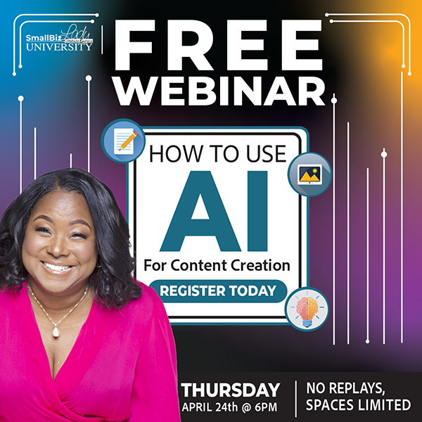 Ready to create content 10x faster using AI?
Join me LIVE for a FREE webinar: How to Use AI for Content Creation
🗓️ Apr. 24th | 🕕 6 PM ET
Learn how to repurpose, schedule &amp; shine online.
Register now: smallbizladyuniversity.net/aicontentcreat…
#AIforBusiness #SmallBizLady