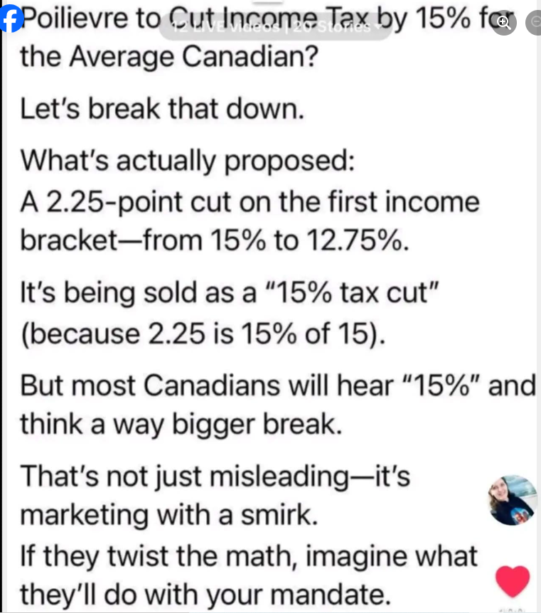 Poilievre's costed plan: 
Tax cuts only start in 4 years &amp; really not 15% at all