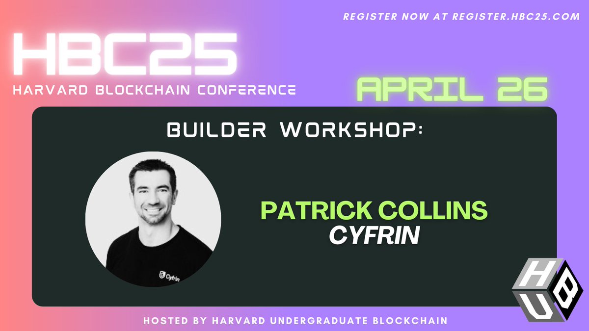 Harvard Undergraduate Blockchain (The HUB) (@harvard_crypto) on Twitter photo Come catch <a href="/PatrickAlphaC/">Patrick Collins</a> from <a href="/CyfrinUpdraft/">Cyfrin Updraft ๐ฉ</a> and <a href="/CodeHawks/">Cyfrin CodeHawks</a> give an incredible builder workshop on security auditing! Get your FREE student ticket at register.hbc25.com, and mingle with Patrick at the TRON Happy Hour at tron.hbc25.com ๐ฅ Come catch <a href="/PatrickAlphaC/">Patrick Collins</a> from <a href="/CyfrinUpdraft/">Cyfrin Updraft ๐ฉ</a> and <a href="/CodeHawks/">Cyfrin CodeHawks</a> give an incredible builder workshop on security auditing! Get your FREE student ticket at register.hbc25.com, and mingle with Patrick at the TRON Happy Hour at tron.hbc25.com ๐ฅ