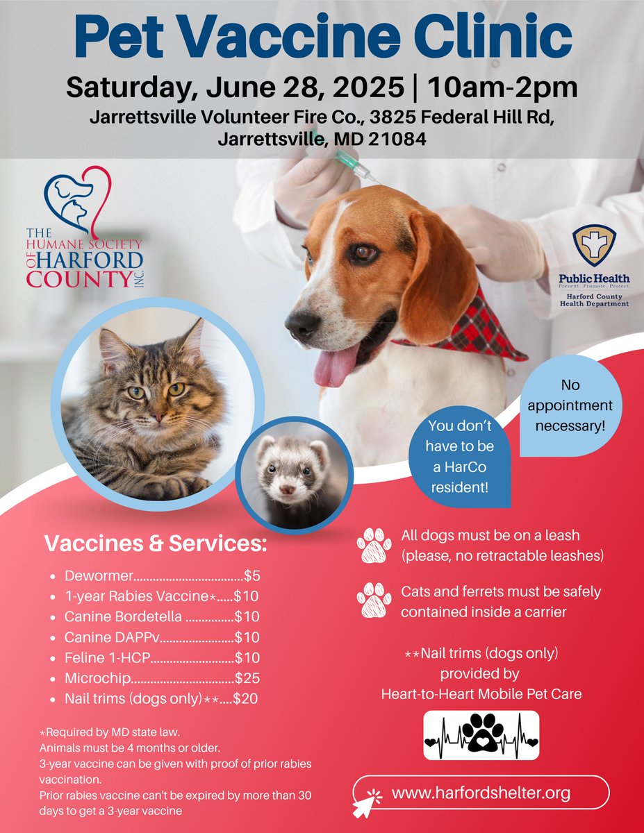 🐾 Low-cost Pet Vaccine Clinic!
📅 Sat, June 28 | ⏰ 10am–2pm
📍 Jarrettsville VFC, MD
💉 Vaccines start at $5
🚫 No appt needed
🌍 Open to all – not just HarCo residents!
Details: harfordshelter.org
#PetVaccineClinic #HarfordPets
