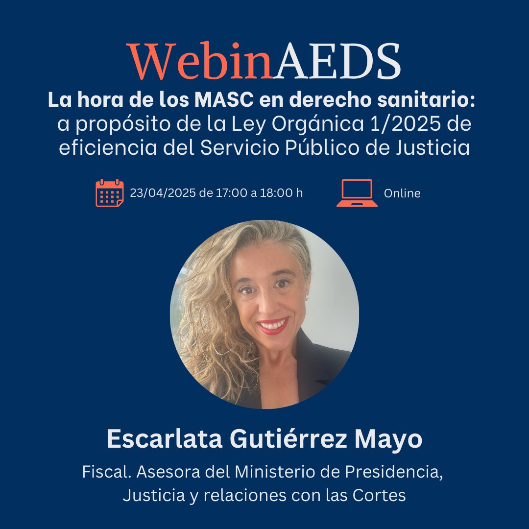 AEDS (@aeds_es) on Twitter photo #WebinAEDS 🗓️ 23 de abril | 🕔 17:00
<a href="/escar_gm/">Escarlata Gutiérrez ⚖️</a> compartirá su visión institucional sobre los retos y dudas interpretativas que plantea la LO 1/2025 en el marco de los #MASC.
🔗 Estás a tiempo de inscribirte pmsl.es/1q1 #WebinAEDS 🗓️ 23 de abril | 🕔 17:00
<a href="/escar_gm/">Escarlata Gutiérrez ⚖️</a> compartirá su visión institucional sobre los retos y dudas interpretativas que plantea la LO 1/2025 en el marco de los #MASC.
🔗 Estás a tiempo de inscribirte pmsl.es/1q1