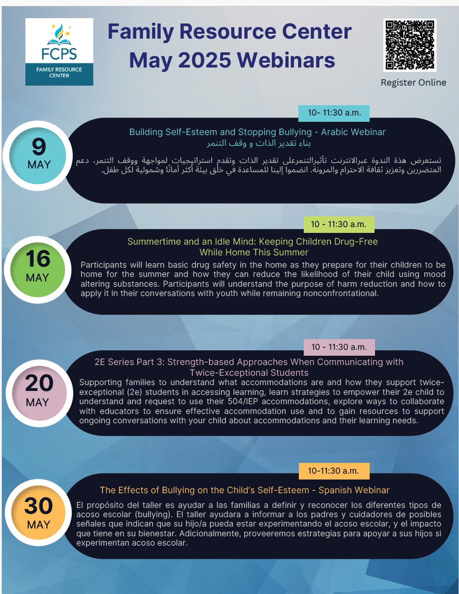Our May Webinars are right around the corner! Check out what is happening in May.
#familyresourcecenter
#FCPS
#maywebinars