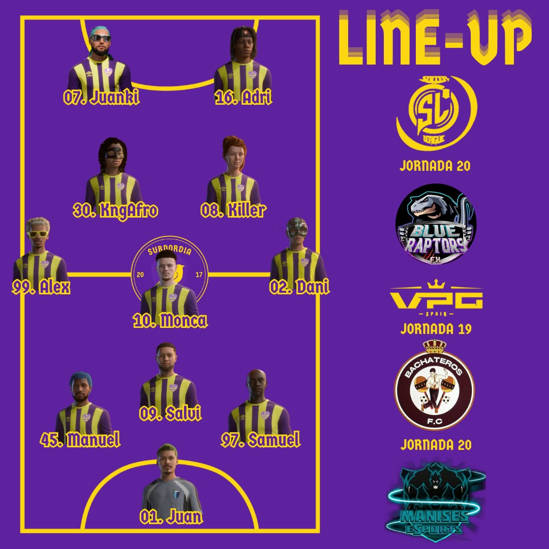 subnordia's tweet photo. Alineación de esta noche para luchar los 3 puntos en la jornada de @SoccerLeagueEsp y en las jornadas de @VPG_Spain. ¡Dale Subnordia, aprieta gorrión! 💛💜
#Subnordia
#NextGen
#vpgspain https://t.co/1bTddg8zVd