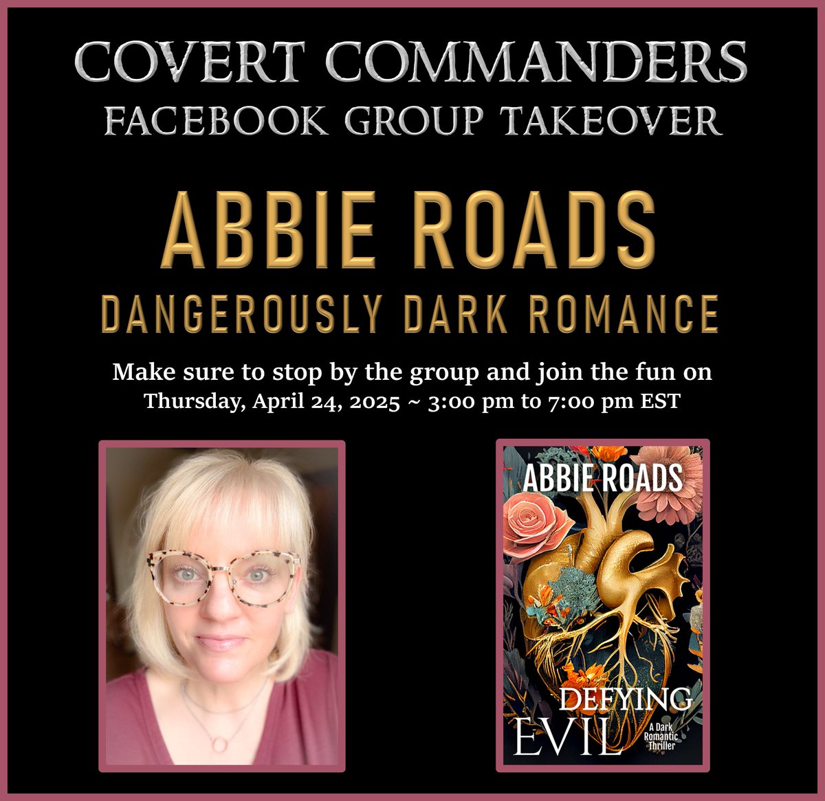 **
𝐆𝐑𝐎𝐔𝐏 𝐓𝐀𝐊𝐄𝐎𝐕𝐄𝐑 𝐑𝐄𝐌𝐈𝐍𝐃𝐄𝐑...

𝑨𝒃𝒃𝒊𝒆 𝑹𝒐𝒂𝒅𝒔 will be taking over my Covert Commanders FB group on Thurs, 04/24, from 3:00-7:00 pm EST.

Stop by to say hi, comment on her posts, and maybe you'll win a fun prize!

Join at the link in the bio.