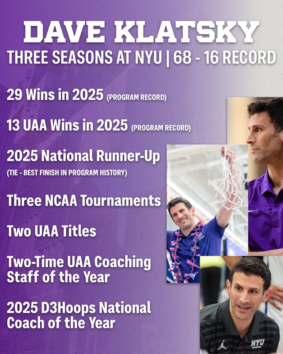 NYU Athletics (@nyuathletics) on Twitter photo Greenwich Village ➡️ Gainesville
<a href="/DaveKlatsky/">Dave Klatsky</a> has been tapped for a coaching role with the 2025 National Champion <a href="/GatorsMBK/">Florida Gators Men’s Basketball</a> program
We’re incredibly proud of Coach Klatsky and thankful for the heights he brought <a href="/nyumenshoops/">NYU Men’s Basketball</a> to in his three seasons Greenwich Village ➡️ Gainesville
<a href="/DaveKlatsky/">Dave Klatsky</a> has been tapped for a coaching role with the 2025 National Champion <a href="/GatorsMBK/">Florida Gators Men’s Basketball</a> program
We’re incredibly proud of Coach Klatsky and thankful for the heights he brought <a href="/nyumenshoops/">NYU Men’s Basketball</a> to in his three seasons
