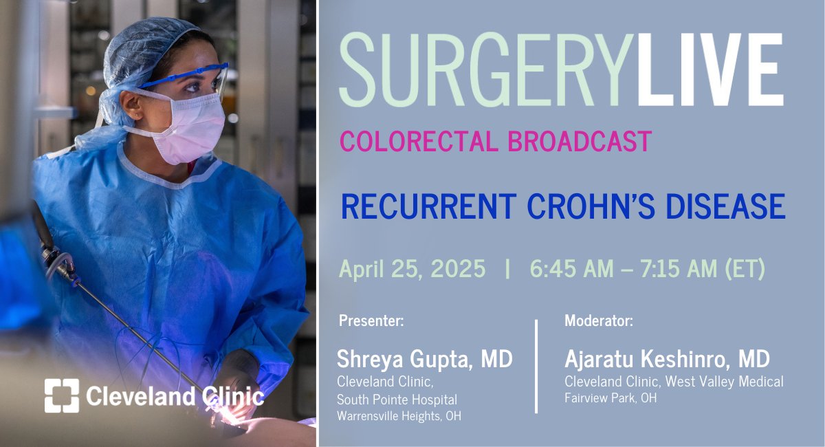 Rita Rys (@ritarys1) on Twitter photo Join the discussion on ✨4/25/25! – Topic: “Recurrent Crohn's Disease”. Chat LIVE w-<a href="/AJKesh/">Ajaratu Keshinro</a> & @ShreyaGuptaMD from 6:45–7:15 AM (ET). Don’t miss out—register now!
bit.ly/SurgLIVE-2025-…
<a href="/CleClinicMD/">Cleveland Clinic MD</a> <a href="/CleveClinicFL/">Cleveland Clinic Florida</a> #SurgeryLive <a href="/MRegueiroMD/">Miguel Regueiro</a> <a href="/DavidLiskaMD/">David Liska</a> @DavidRRosenMD Join the discussion on ✨4/25/25! – Topic: “Recurrent Crohn's Disease”. Chat LIVE w-<a href="/AJKesh/">Ajaratu Keshinro</a> & @ShreyaGuptaMD from 6:45–7:15 AM (ET). Don’t miss out—register now!
bit.ly/SurgLIVE-2025-…
<a href="/CleClinicMD/">Cleveland Clinic MD</a> <a href="/CleveClinicFL/">Cleveland Clinic Florida</a> #SurgeryLive <a href="/MRegueiroMD/">Miguel Regueiro</a> <a href="/DavidLiskaMD/">David Liska</a> @DavidRRosenMD