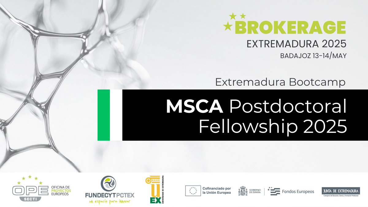 🚀 European postdocs!
MSCA@Extremadura Bootcamp 2025 is your opportunity to applying for the Marie Skłodowska-Curie Postdoctoral Fellowships (#MSCA PF 2025) - with the support of experienced supervisors and expert mentors from the #Extremadura region.  

🔬 What’s in it for you?