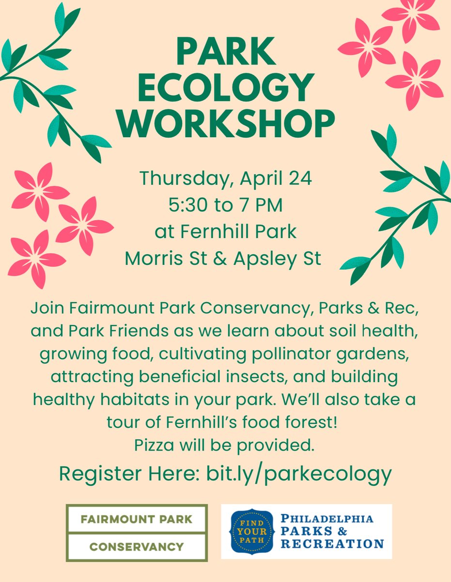 It’s Earth Day! 🌎 Celebrate by connecting with nature &amp; community.
Join us Thursday 4/24 for a Park Ecology Workshop at Fernhill Park 🌿
Learn about soil, pollinators, &amp; food forests — plus pizza! 🍕
Register: bit.ly/parkecology
#EarthDay #PhillyParks #GreenPhilly