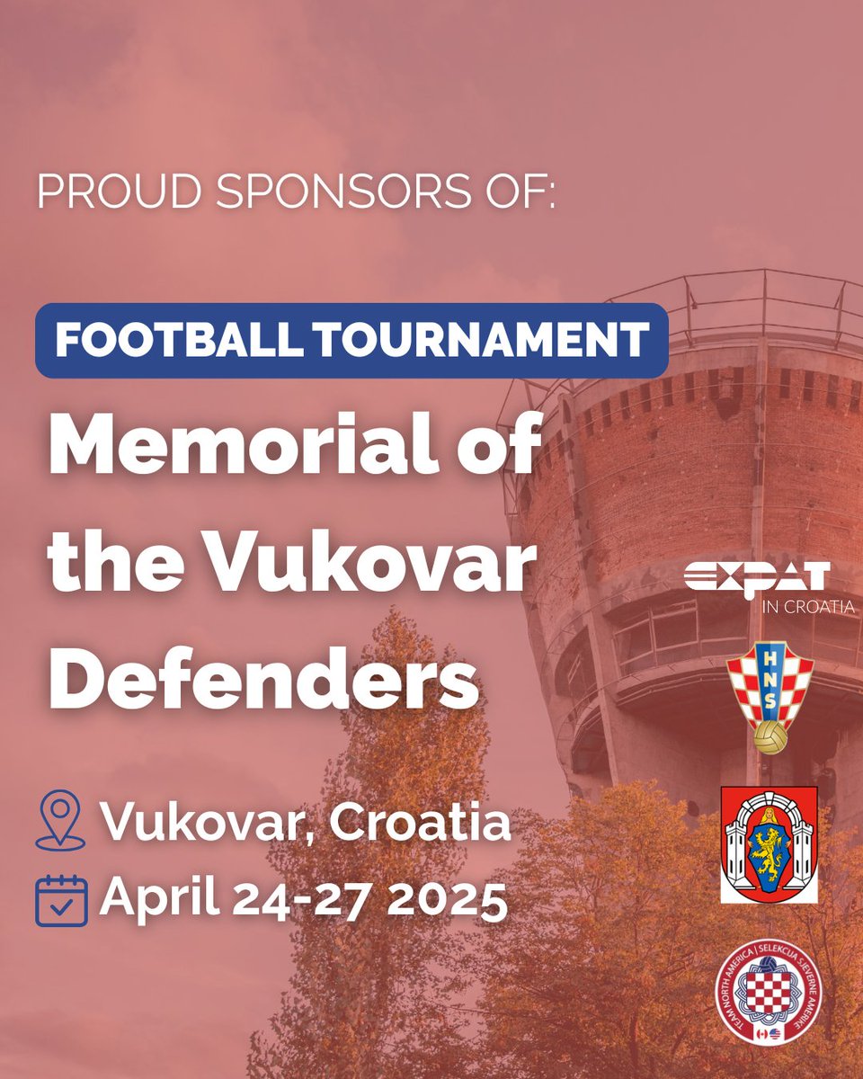 Mark your calendars!⚽️🇭🇷 

From April 24–27, 2025, Vukovar will host the Memorial of the Vukovar Defenders Youth Football Tournament.

The tournament is free and open to the public—come out and cheer them on!

#vukovar #croatiandiaspora