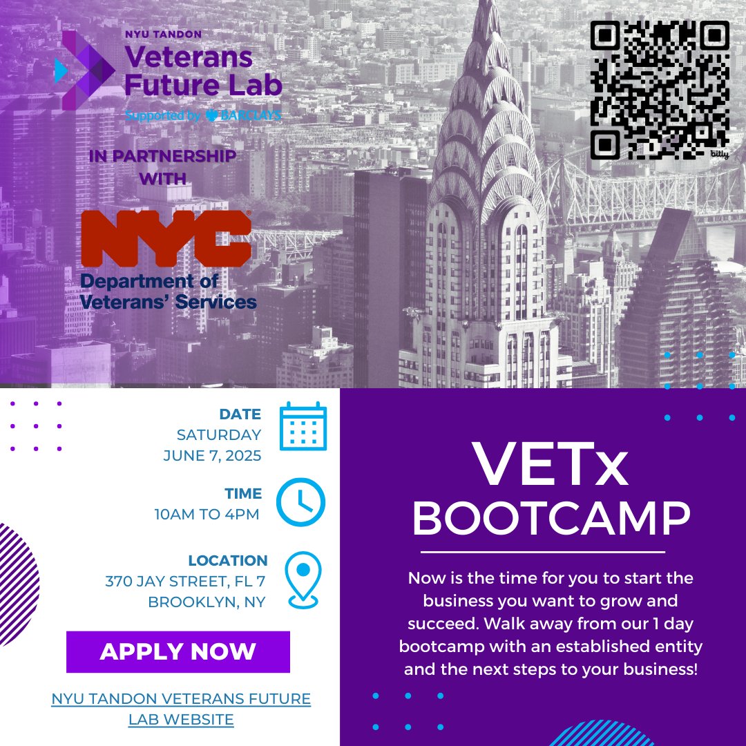 Veterans Future Lab (@vetsfuturelab) on Twitter photo The NYU Tandon Veterans Future Lab & <a href="/nycveterans/">NYC Department of Veterans' Services</a> is now accepting applications for Veterans Entrepreneurship Training X (VETx) boot camp, held in person in NYC! Deadline is June 2, and space is limited, so apply now!
APPLICATION: lnkd.in/ebjq5TYA The NYU Tandon Veterans Future Lab & <a href="/nycveterans/">NYC Department of Veterans' Services</a> is now accepting applications for Veterans Entrepreneurship Training X (VETx) boot camp, held in person in NYC! Deadline is June 2, and space is limited, so apply now!
APPLICATION: lnkd.in/ebjq5TYA