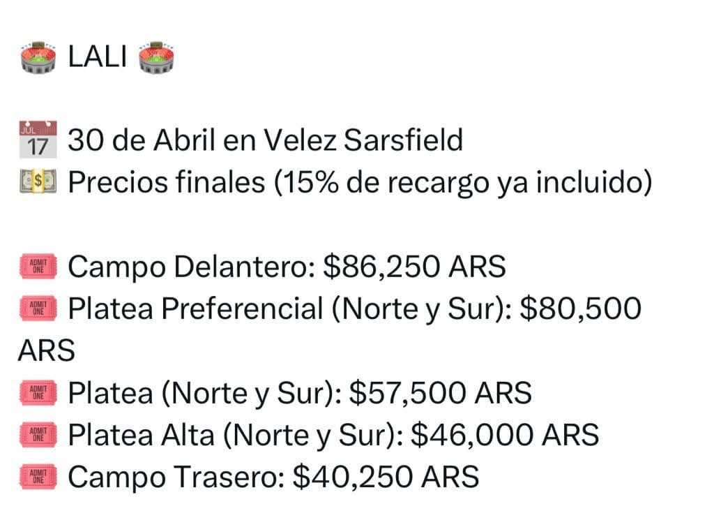 laliftba's tweet photo. VENDO ENTRADAS PARA LALI EN VELEZ

24/05 CAMPO TRASERO  
25/05 EN CAMPO DELANTERO https://t.co/cEmZg8uDxt