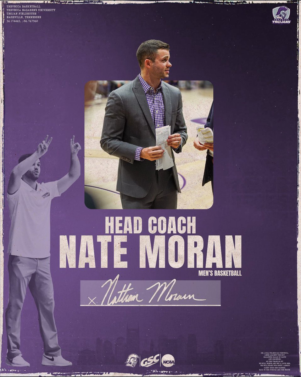 Trevecca Trojans (@tnusports) on Twitter photo STAYING HOME. ππ₯π
Welcome <a href="/CoachNateMoran/">Nathan Moran</a> as the 11th Head Coach in Trevecca Nazarene University Menβs Basketball history!
#PurpleReigns STAYING HOME. ππ₯π
Welcome <a href="/CoachNateMoran/">Nathan Moran</a> as the 11th Head Coach in Trevecca Nazarene University Menβs Basketball history!
#PurpleReigns