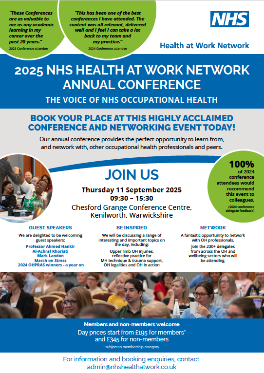 NHS Health at Work Network (@nhsohnetwork) on Twitter photo Planning is underway for our next annual Network Conference taking place 11 Sep 2025 <a href="/ChesfordGrangeQ/">ChesfordGrangeQ</a> with another top speaker line up. Book your place now: admin@nhshealthatwork.co.uk Planning is underway for our next annual Network Conference taking place 11 Sep 2025 <a href="/ChesfordGrangeQ/">ChesfordGrangeQ</a> with another top speaker line up. Book your place now: admin@nhshealthatwork.co.uk