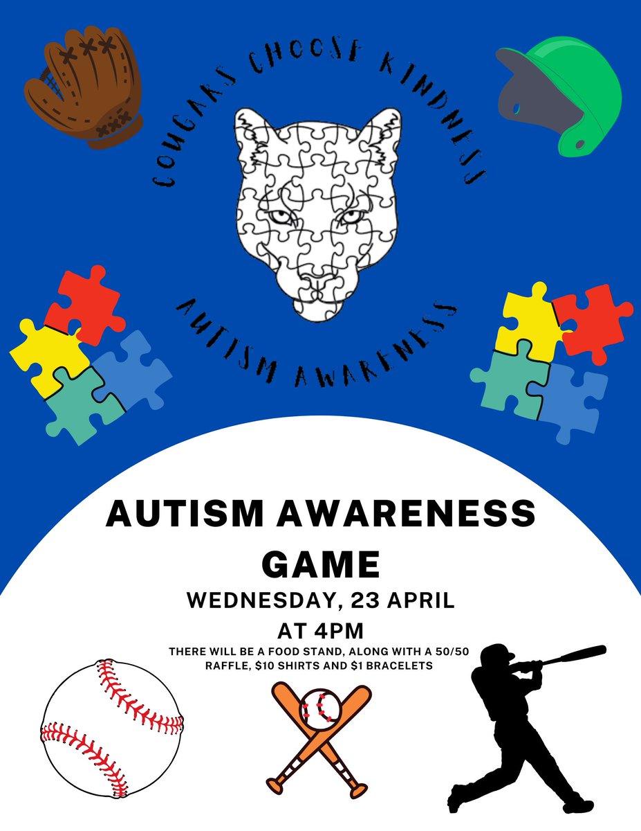 Come on out to Cougar Mountain for our varsity baseball game vs Ligonier Valley and show your support for the Cougars and Autism Awareness! 💚🩶🧡