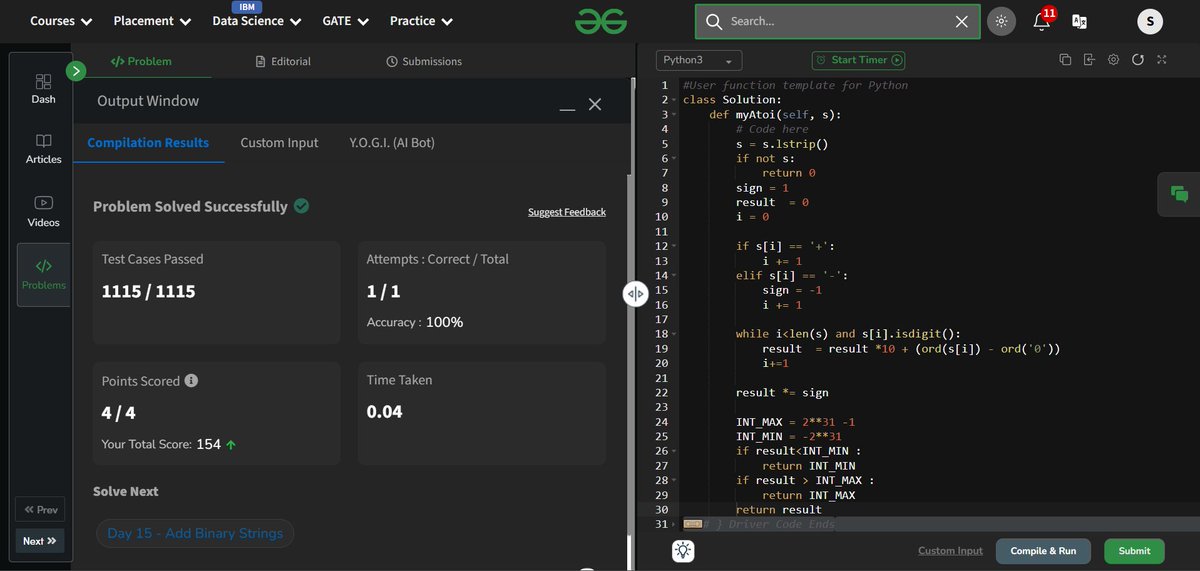 QbitScripter's tweet photo. Day 15 of my 160-day DSA journey with GeeksforGeeks 🚀. Today’s problem was Implement ATOI — converting a string to an integer without using built-in functions. It really made me focus on edge cases and careful parsing! #GFG #Day15 #DSA #gfg160 #geekstreak2025 https://t.co/RUwDRAAFmv