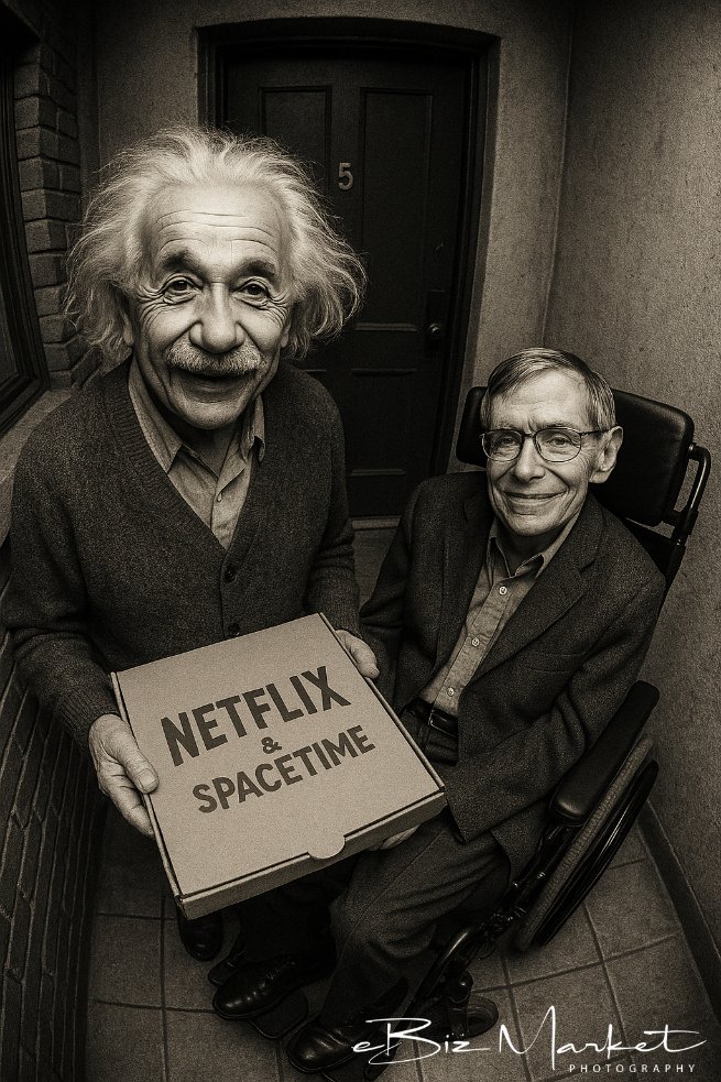 eBizMkts's tweet photo. Einstein &amp; Hawking’s Night”: Netflix, pizza, and spacetime. Made with #Sora — dangerously nerdy fun. 👨‍🔬🍕🌀 https://t.co/atG8tE7M8y
#AIArt #ScienceHumor #SpaceTimeSnack #NerdCore #AstroVibes https://t.co/hS0RMXbPcR
