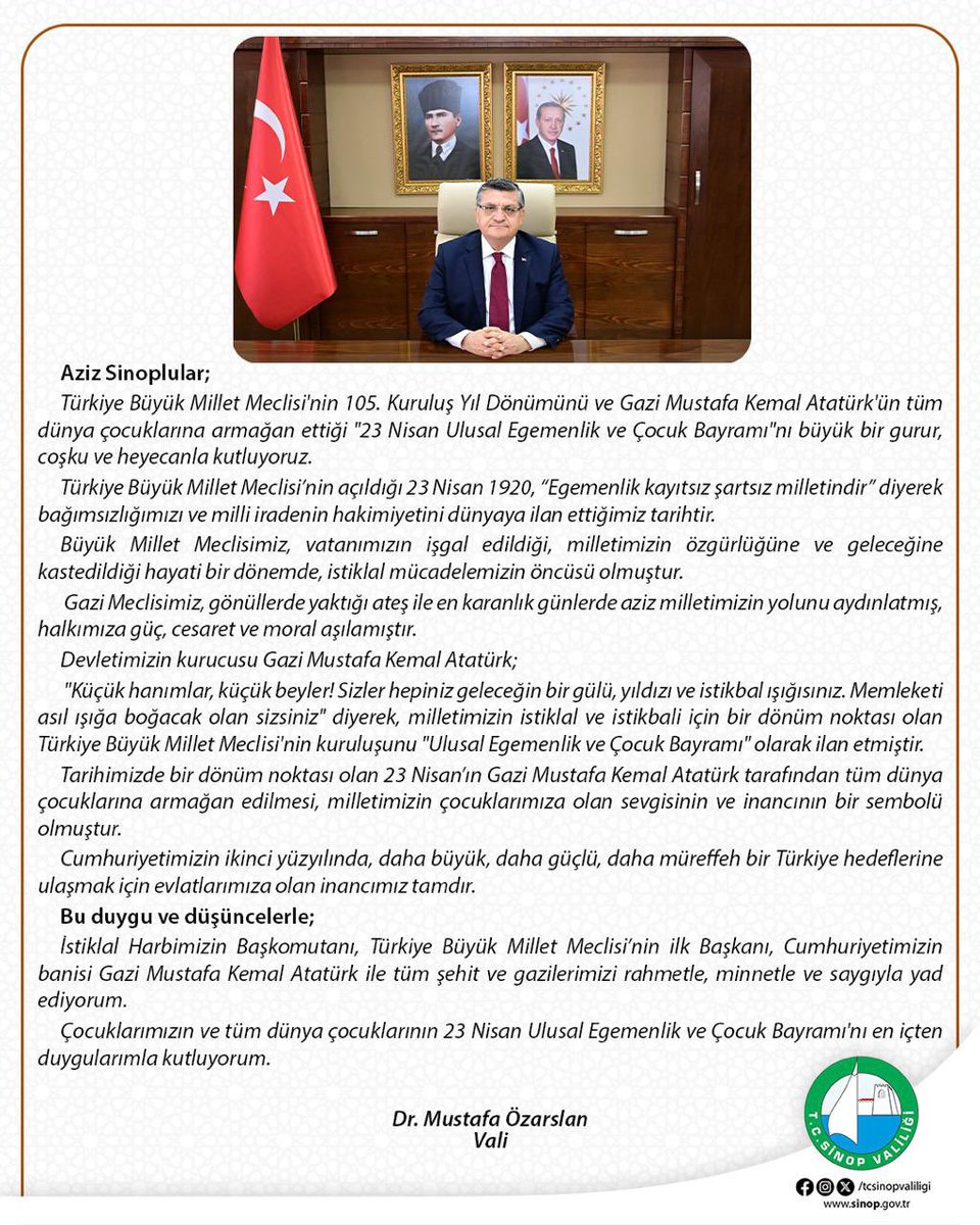 T.C. Sinop Valiliği (@tcsinopvaliligi) on Twitter photo Valimiz Dr. <a href="/mustafaozarslnn/">Dr. Mustafa Özarslan</a>'ın "23 Nisan Ulusal Egemenlik ve Çocuk Bayramı" Mesajı ⤵️ Valimiz Dr. <a href="/mustafaozarslnn/">Dr. Mustafa Özarslan</a>'ın "23 Nisan Ulusal Egemenlik ve Çocuk Bayramı" Mesajı ⤵️