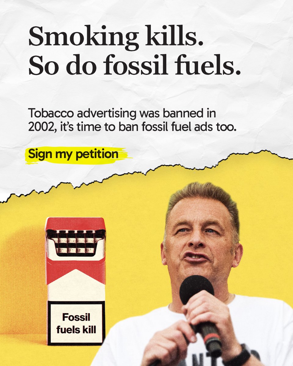 We all recognise smoking kills , that's why tobacco ads were banned in 2002 . Fossil fuels kill too &amp; according to a study in BMJ , cause 5.1 million deaths per year .

Help me ban fossil fuel ads for good– sign my petition to force a Parliamentary debate govpetition.uk/700024