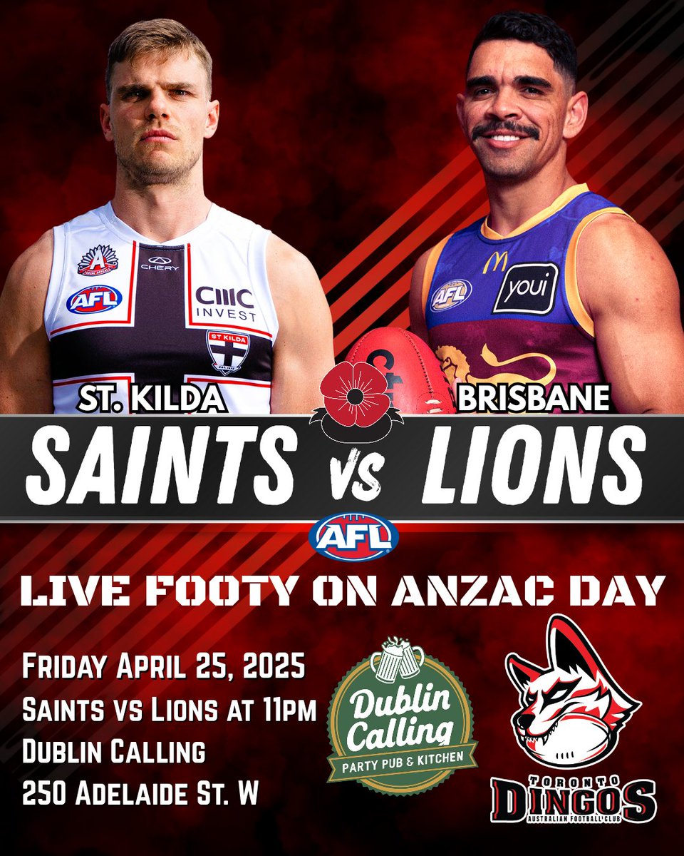 Join us at Dublin Calling for ANZAC Day. We will honour and remember those who have served. 

We will be showing the ANZAC Day match between St. Kilda and Brisbane live at 11pm! All are welcome to attended. Come on down, raise a glass, and enjoy some live footy! 
#JointhePack