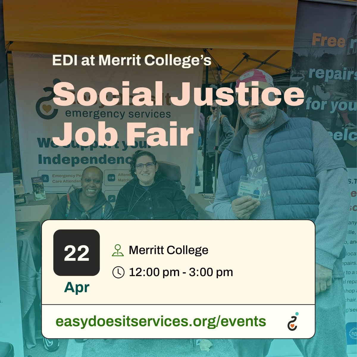 EasyDoesIt_ES's tweet photo. We'll be tabling at @MerrittCollege's Social Justice Job Fair on Tuesday to share with students the exciting prospect of working as a Caregiver so that they can continue to work on their studies. We'll be there from 12 - 3 pm. https://t.co/UOxfBKw6Na
