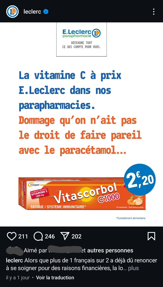 ⚠️ Le paracétamol est la 1ère cause de greffe du foie d'origine médicamenteuse en France. Si le monopole pharmaceutique existe, ce n'est pas pour rien : le conseil associé à la dispensation est nécessaire.

Dénonçons vraiment Leclerc ! NON, pas de paracétamol en supermarché 🛑