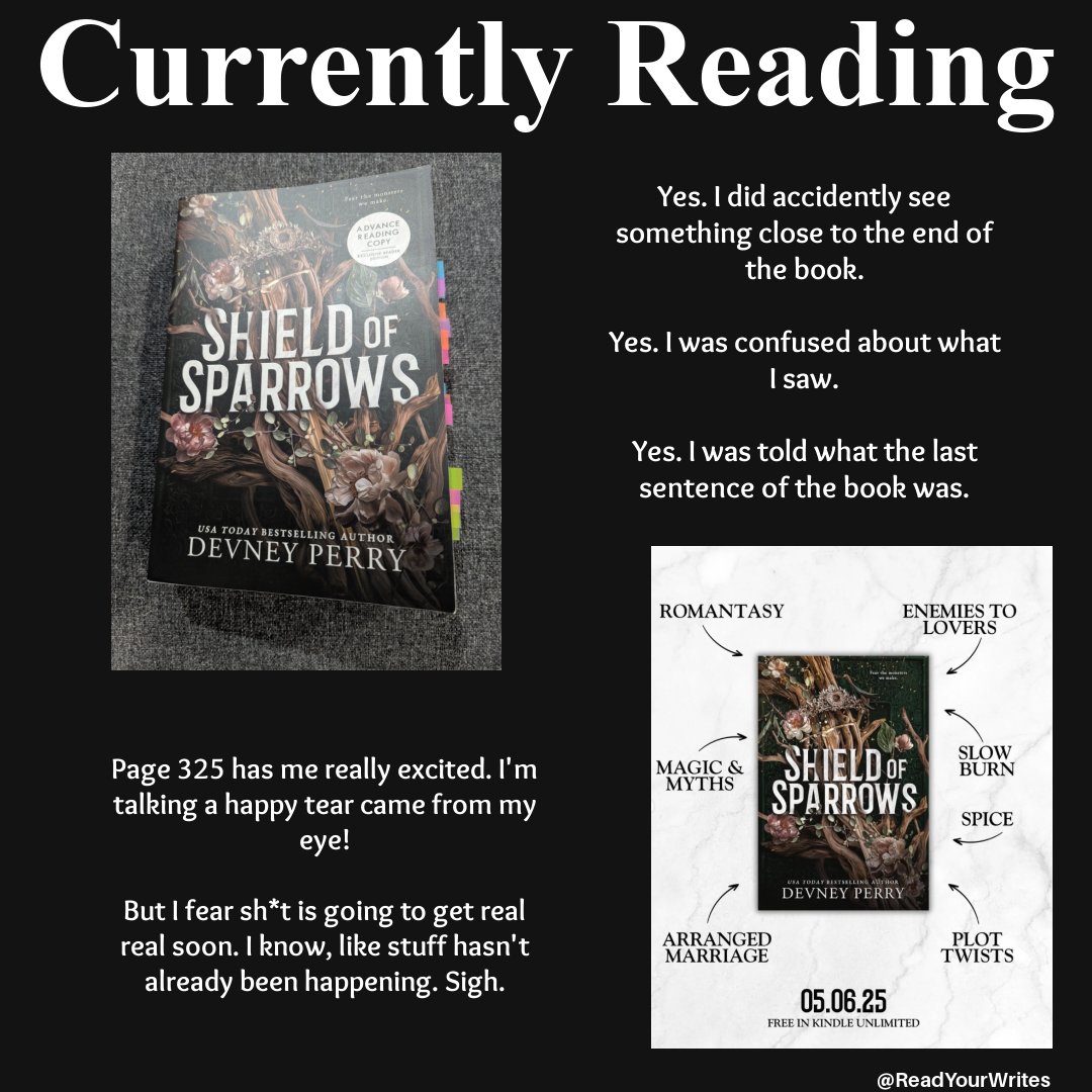 ReadYourWrites's tweet image. For the most part, the world around me does not exist. Why? Because I&apos;m currently reading an ARC of SHIELD OF SPARROWS by Devney Perry. 

I&apos;m LOVING the story. I can&apos;t wait to see if my thoughts or suspicions are true. amzn.to/4jGKwxj
#ComingSoon #ShieldofSparrows