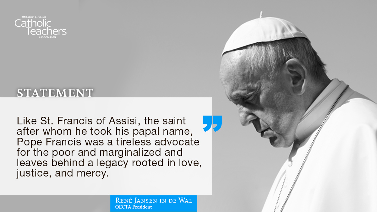 Catholic Teachers (@oectaprov) on Twitter photo It is with profound sadness that we mourn the passing of His Holiness Pope Francis, a shepherd of peace, humility, and unwavering compassion.
Read the full statement from <a href="/OECTAprez/">Renรฉ Jansen in de Wal, OECTA President</a>: catholicteachers.ca/News-Events/Neโฆ It is with profound sadness that we mourn the passing of His Holiness Pope Francis, a shepherd of peace, humility, and unwavering compassion.
Read the full statement from <a href="/OECTAprez/">Renรฉ Jansen in de Wal, OECTA President</a>: catholicteachers.ca/News-Events/Neโฆ