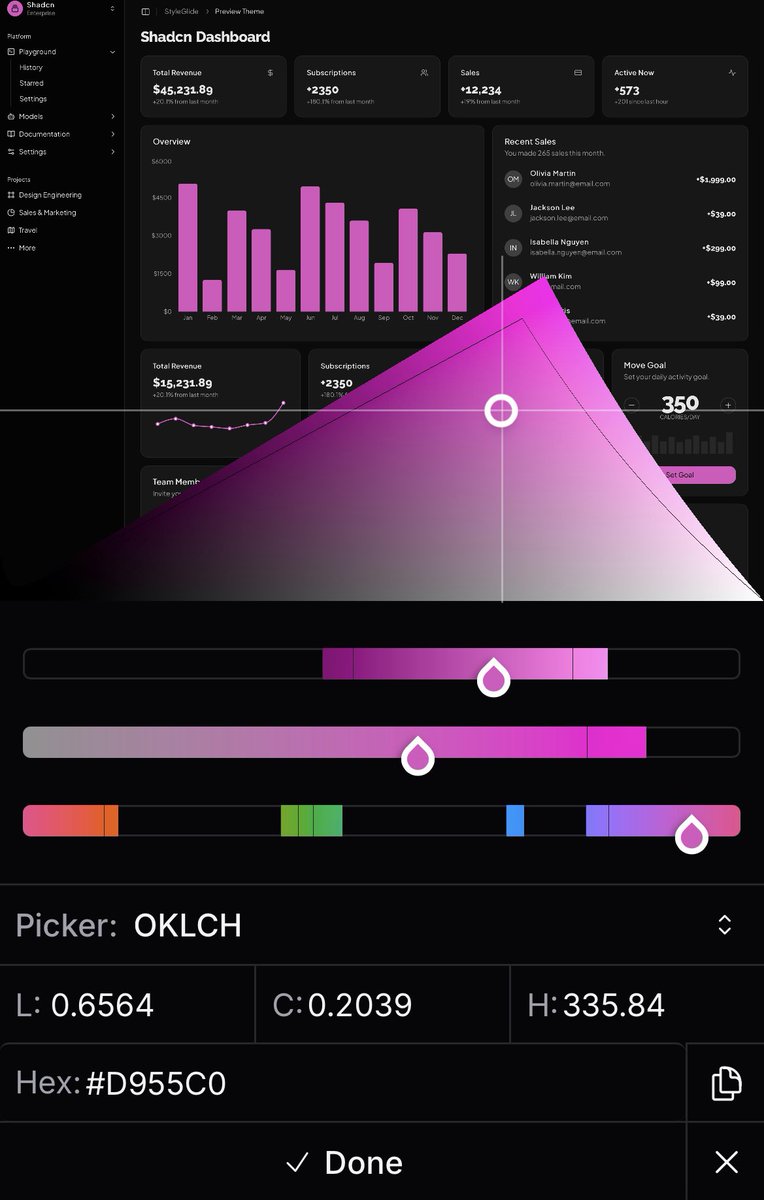 shanedownes's tweet image. Experimenting with an oklch picker that gives you a realtime view of the color in the background 👀
This is the mobile view with a @shadcn ui preview. Built in @nextjs and is based on oklch.com by @evilmartians