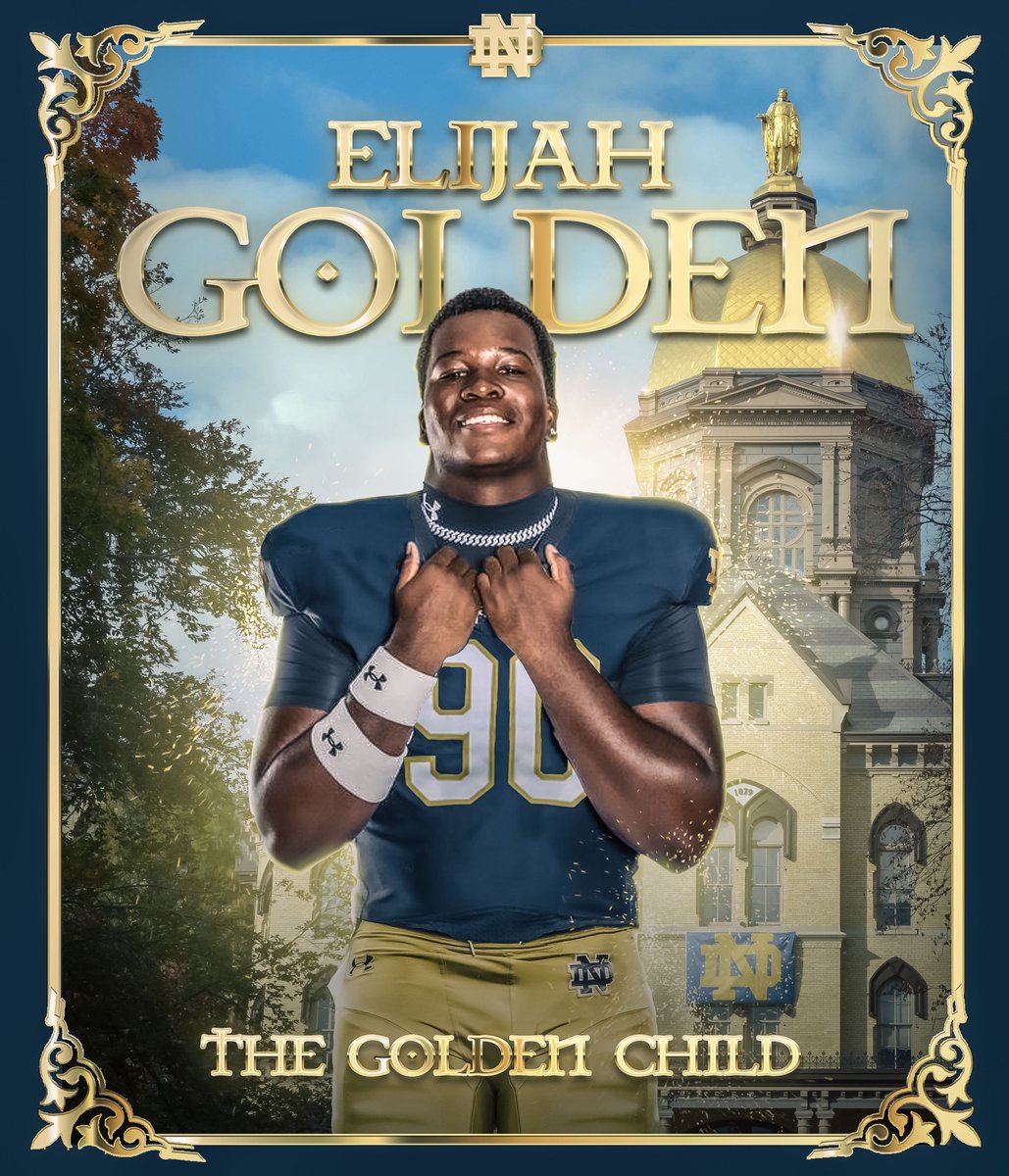 𝐓𝐇𝐄 𝐆𝐎𝐋𝐃𝐄𝐍 𝐂𝐇𝐈𝐋𝐃

Notre Dame hosted four-star DL Elijah Golden for a visit last week, and he’s a prospect the Fighting Irish staff badly wants in their 2026 class ☘️

Golden is also considering the likes of Bama, OU and Va. Tech ‼️

on3.com/teams/notre-da…
