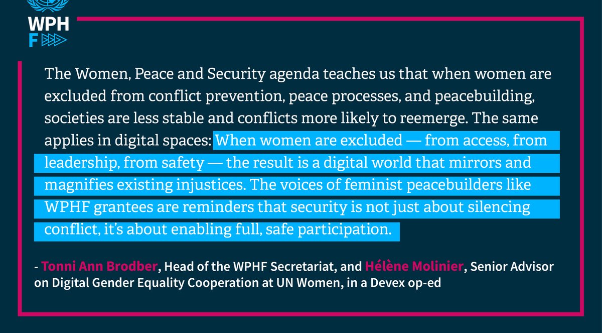 In a new op-ed w/ <a href="/UN_Women/">UN Women</a>'s <a href="/HeleneMolinier/">Helene Molinier</a>, <a href="/wphfund/">Women's Peace & Humanitarian Fund</a> Head of Secretariat <a href="/caribanuck/">Tonni Brodber</a> calls for gender equality &amp; women’s rights to be central to diplomacy, peace &amp; tech — and for digital initiatives to reflect women's realities worldwide.

Read it here: devex.com/news/sponsored…