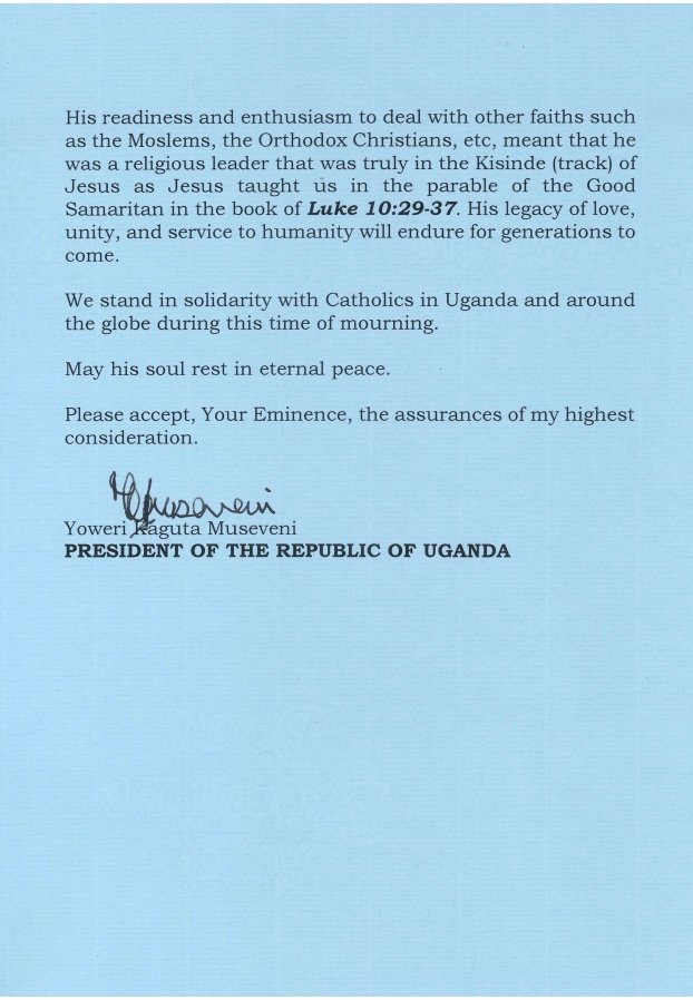 Robert Sharp Mugabe (CIPR) (@sharpmugabe) on Twitter photo Condolence Message from H.E <a href="/KagutaMuseveni/">Yoweri K Museveni</a> on the passing of the His Holiness Pope Francis Condolence Message from H.E <a href="/KagutaMuseveni/">Yoweri K Museveni</a> on the passing of the His Holiness Pope Francis