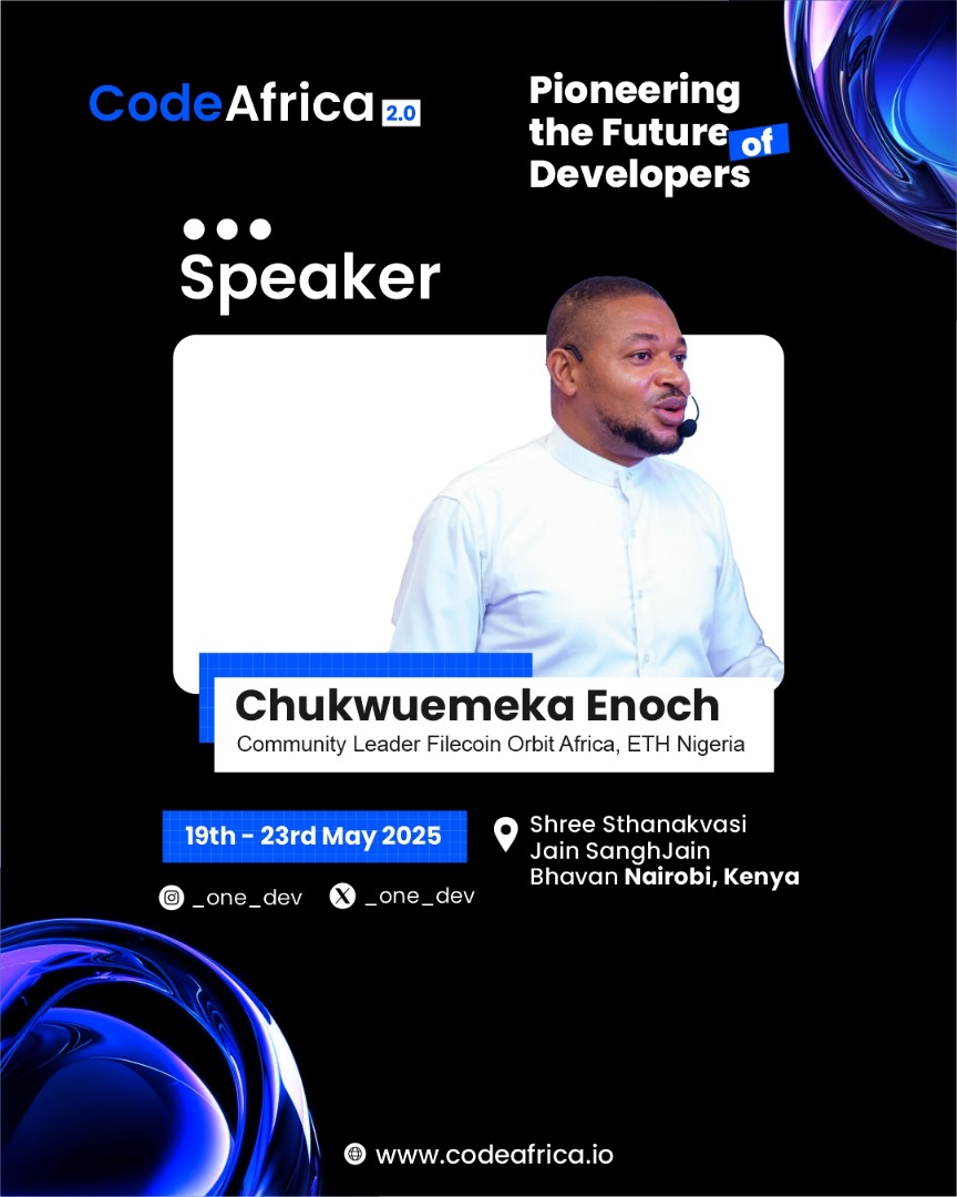 🚀Speaker Alert!

We’re thrilled to welcome Chukuemeka Enoch (<a href="/Divine_Vessel/">Chukwuemeka Enoch Mbaebie - FIL Dev + Devconnect</a>) , community lead <a href="/FilecoinNigeria/">Filecoin Orbit community, Nigeria.</a> and <a href="/EthereumNigeria/">ETHNIGERIA | ethereumnigeria.eth | Devconnect ARG</a>  to Code Africa 2.0!

Brace yourself as Chukuemeka shares insights that will reshape your view of the future of tech.

Join us in Nairobi on May