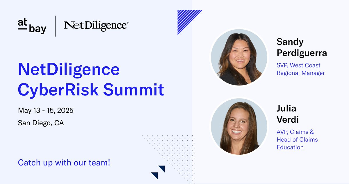 We’re heading to San Diego for NetDiligence® Cyber Risk Summit West!

From May 13-15, our very own Sandy Perdiguerra and Julia Verdi will be on site, connecting with industry peers and diving into the latest cyber risk trends.

If you’ll be there too, let's find time to connect –