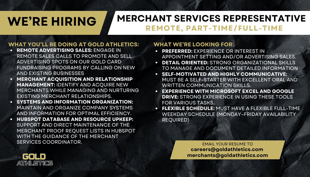 Gold Athletics (@goldathletics) on Twitter photo We're looking for a motivated Merchant Service Rep to join our team! Help the Merchant Team secure the best deals for our fundraising products. Ready to make some calls?🙌 Apply now by emailing your resume to careers@goldathletics.com
#JoinOurTeam #RemoteJobs #GATeam #NowHiring We're looking for a motivated Merchant Service Rep to join our team! Help the Merchant Team secure the best deals for our fundraising products. Ready to make some calls?🙌 Apply now by emailing your resume to careers@goldathletics.com
#JoinOurTeam #RemoteJobs #GATeam #NowHiring