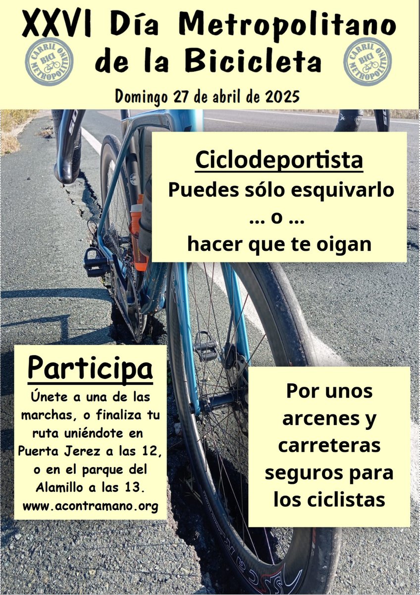 #DíaMetropolitanoBici25
☑️11 itinerarios que transcurren por el área metropolitana de Sevilla
 ☑️todas las marchas coincidirán para salir desde los Jardines del Cristina a las 12:00h 
☑️ todas concluirán frente al Cortijo del P. del Alamillo 
☑️ al finalizar, ambigú y concierto