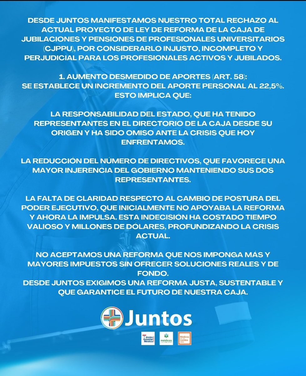 Posición de JUNTOS referente al proyecto de Ley de reforma de la Caja de Profesionales Universitarios.