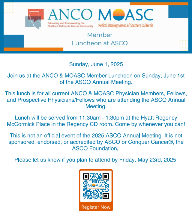 Heading to the <a href="/ASCO/">ASCO</a> #ASCO25 Meeting in Chicago?
Don’t miss the <a href="/ANCO_News/">ANCO</a>  &amp; <a href="/MOASC_Office/">MOASC</a>  Member Luncheon on June 1st — a great opportunity to connect, recharge, and network with fellow oncology professionals!