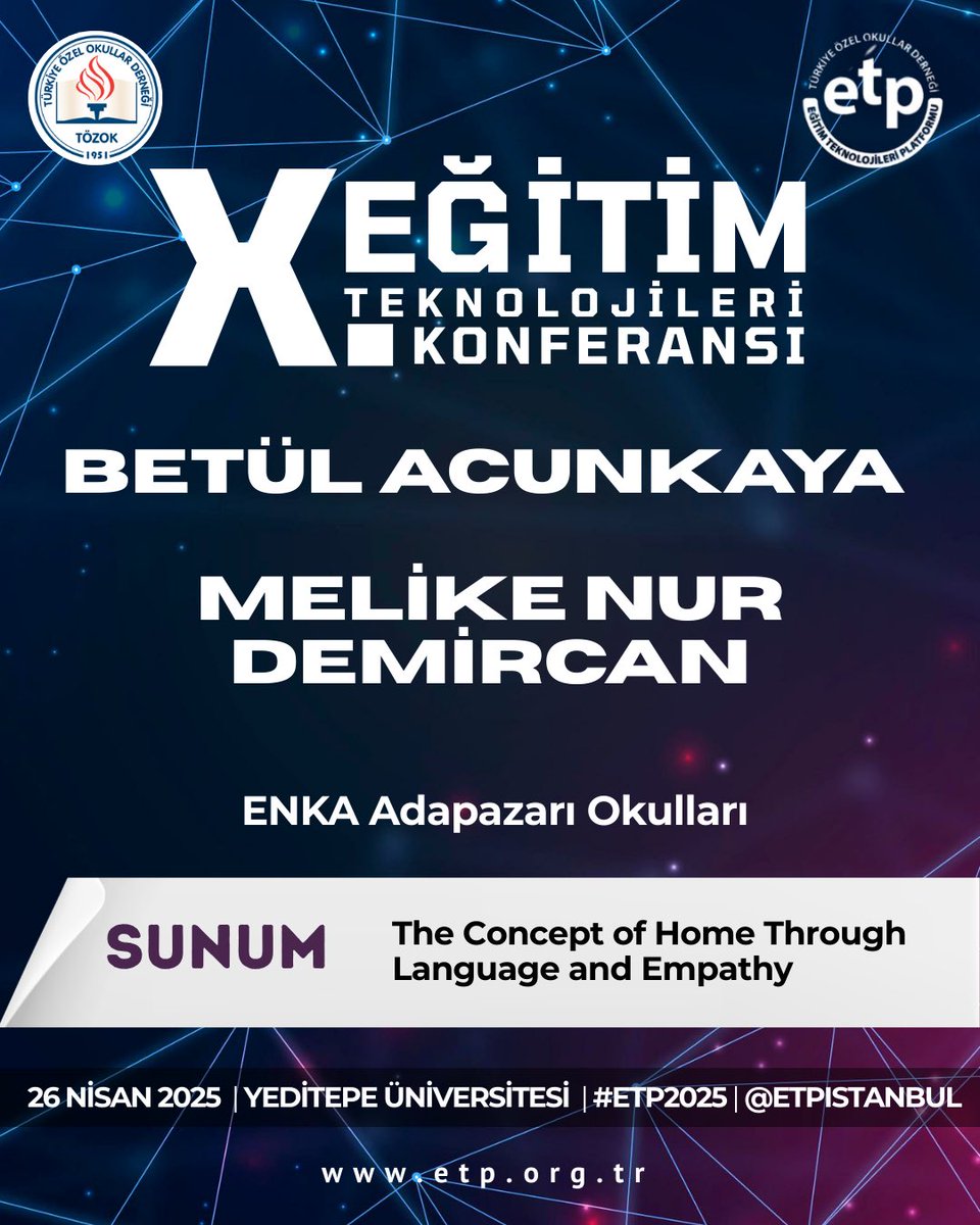 Betül Acunkaya and Melike Nur Demircan
are taking the stage at #ETP2025 with their presentation:
“The Concept of Home Through Language and Empathy”

👉🏼 Last day for audience registration: April 24, 2025
Details and registration: etp.org.tr
<a href="/etpistanbul/">ETP İstanbul #ETP2025</a>