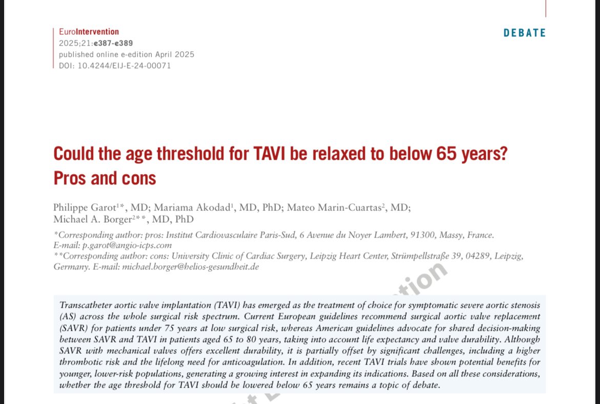 Mateo Marín-Cuartas (@mmarincuartas) on Twitter photo ❓Could the age threshold for TAVI be relaxed to below 65 years? Pros and cons
🔎Read our #debate with Pros and Cons, just published in <a href="/EuroInterventio/">EuroIntervention</a>
🔗link: eurointervention.pcronline.com/article/could-… ❓Could the age threshold for TAVI be relaxed to below 65 years? Pros and cons
🔎Read our #debate with Pros and Cons, just published in <a href="/EuroInterventio/">EuroIntervention</a>
🔗link: eurointervention.pcronline.com/article/could-…